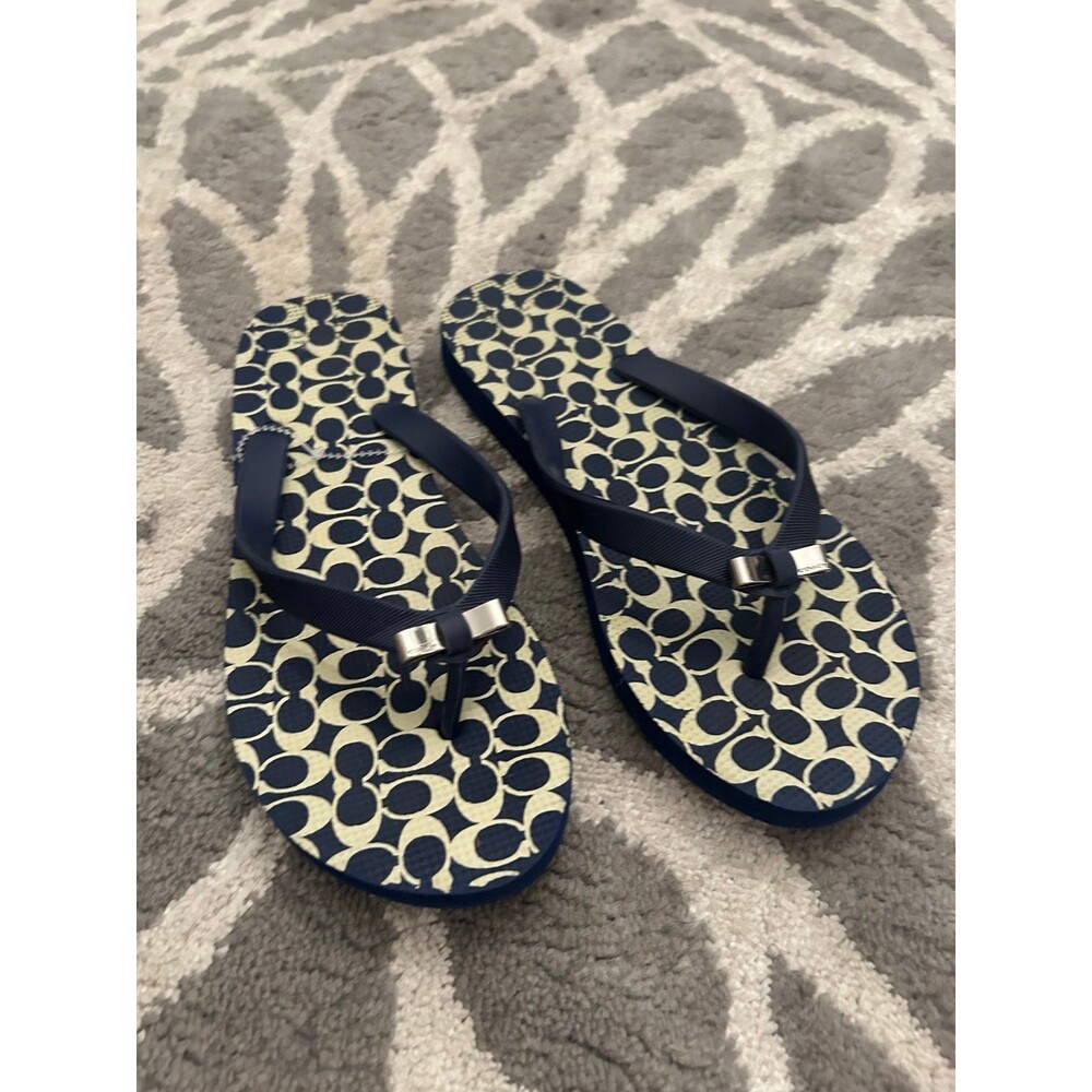 Navy and Cream Monogram C Coach Flip Flops with Silver Bow